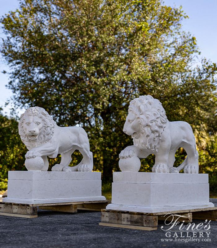 Marble Statues  - Marble Lion Pair In Italian 